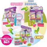 Pinypon - Professioni 3 in 1, giocattolo convertibile, 3 scenari in 1, scuola, parrucchiere o cucina